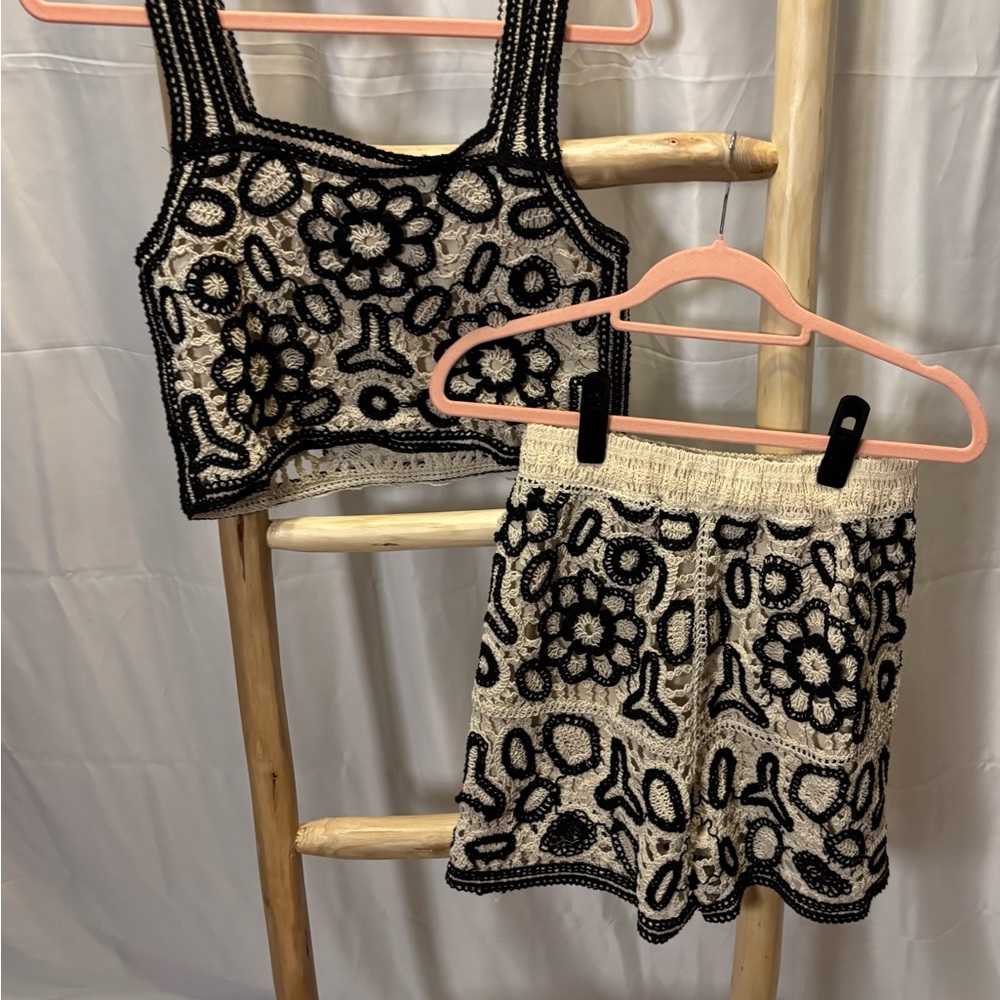 Rebellion: Black & Cream Crochet Knit Crop Top and Shorts Set - A Versatile Outf - Picture 10 of 13